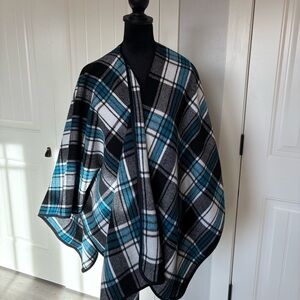 Tribal Plaid Poncho in Teal and Black